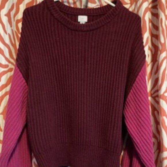 A New Day Sweaters - Cranberry with Pink Sherbert sleeved sweater, cotton Blend Size Lg.
